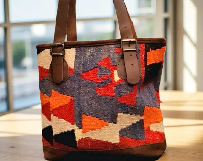 Woven Carpet Tote Learher Bottom, Adjustable Buckle Shoulder Strap, Unique Local Product, Pastel Soft Color, Timeless One-of-a-kind Bag Her