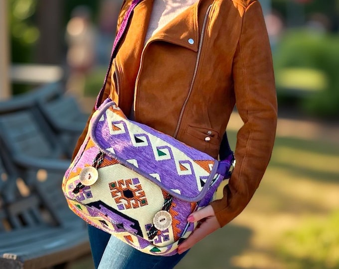 Purple Crossbody Rug Bag, Bohem Hand-made Shoulder Bag, Ethnic Pattern Unique Purse, Gypsy Style One-Of-A-Kind Personalized Gift For Her