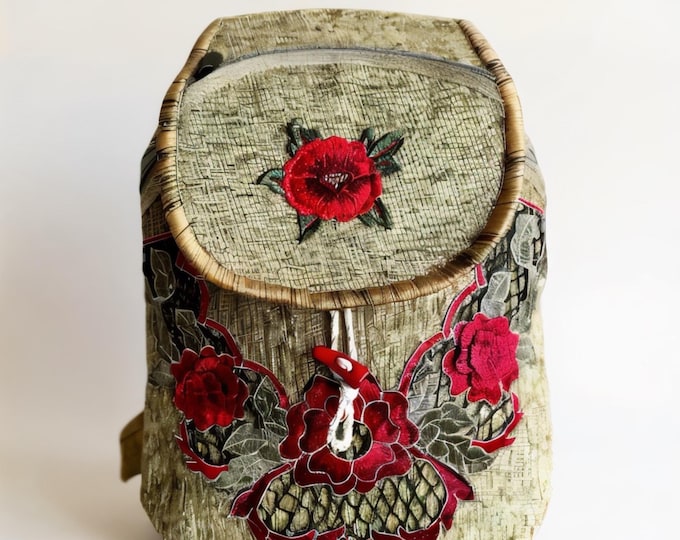 Mustard Yellow Embroidered Floral Backpack – Handmade Boho Chic Laptop Bag, Spacious Travel Rucksack, Unique Personalized Gift for Her