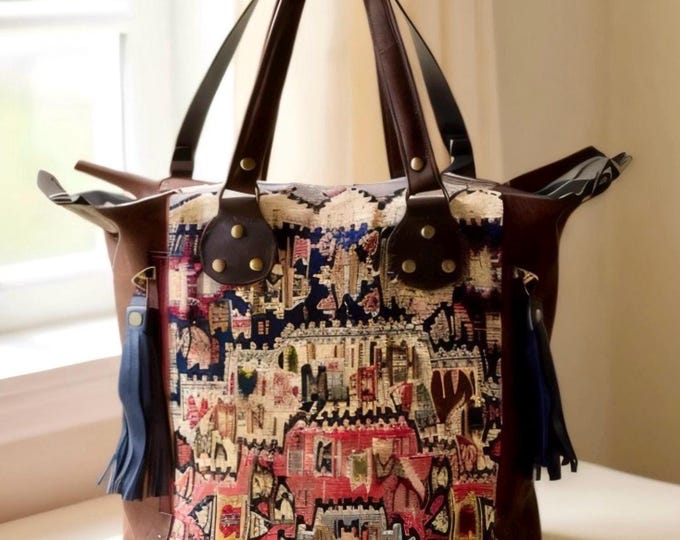Handmade Myra Tote Bag – Vintage Rug, Canvas & Leather Handbag – Boho Southwestern Shoulder Bag with Tassels, 5 Compartments