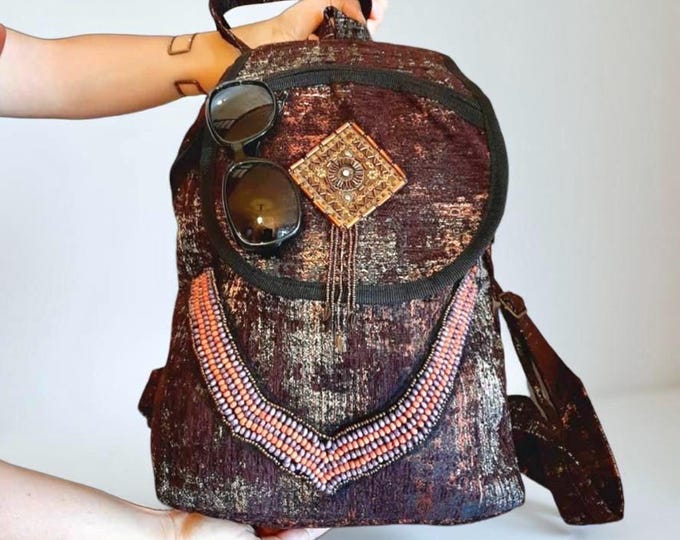 Antique Looking Fabric Large Backpack For Her, Wobble Beaded Accesory Brown Metalic Effect Rucksack, Elegant Looking Bag, Mother's Day Gift