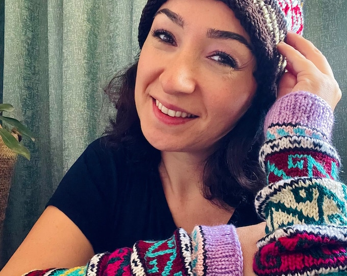 Hygge Winter Set, Knitted Multicolor Cozy Arm Sleeves and Beanie For Women In Christmas Gift Box, Warm Soft And Comfortable