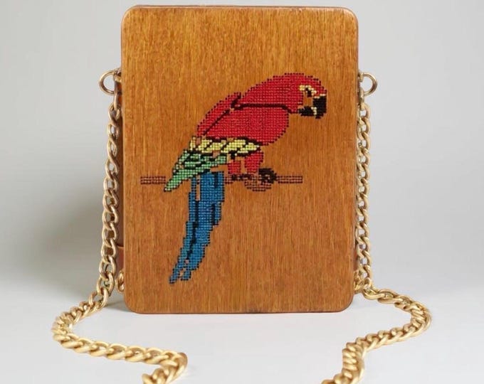 Handmade Wood Clutch Crossbody Bag: Etamine Parrot Design