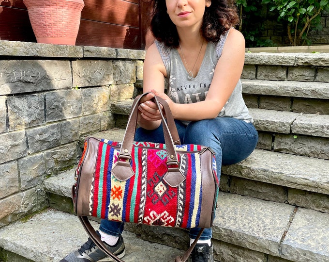 Handwoven Rug Duffel Bag: Leather Trim, Boho Gym Weekender