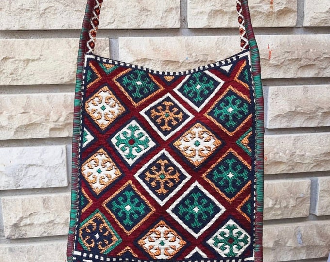 Heybe Kilim Saddlebag Long Crossbody Bags From  Kilim/Rug Pattern Fabric, Boho Style Bag, Artisan Messenger Crossbody Bag, Mother's Day Gift