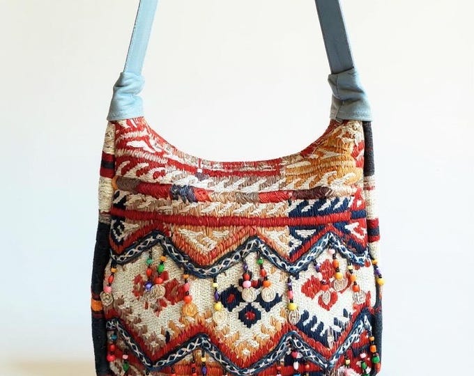 Handmade Beaded Kilim Shoulder Bag: Ethnic Boho Purse