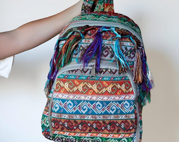 Spring Green Tassel Backpack, Large Compartement Laptop Casual Bag, Urban Fashion Sport Rucksack, Bohem Style Personalized Gift For Sister