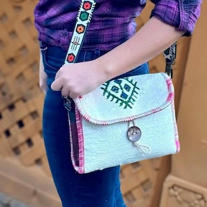 Ivory Kilim Crossbody Bag: Handmade Boho Rug Purse, Adjustable Strap