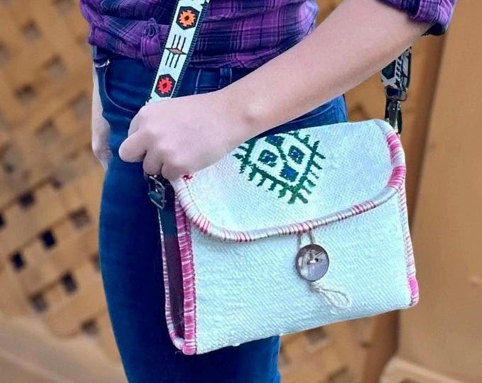 Ivory Personalized Mini Crossbody Messenger Rug Bag, Natural Hand-Wowen White Kilim Bohem Gypsy Purse, Adjustable Guitar Strap, Gift Sister