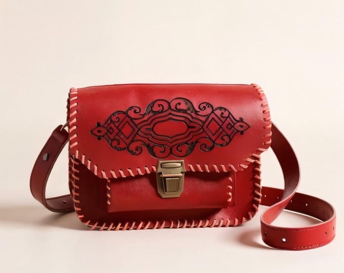 Handmade Leather Crossbody Bag – Genuine Cowhide Shoulder Purse with Tribal Pattern – Boho Festival Bag, Unique Gift for Her