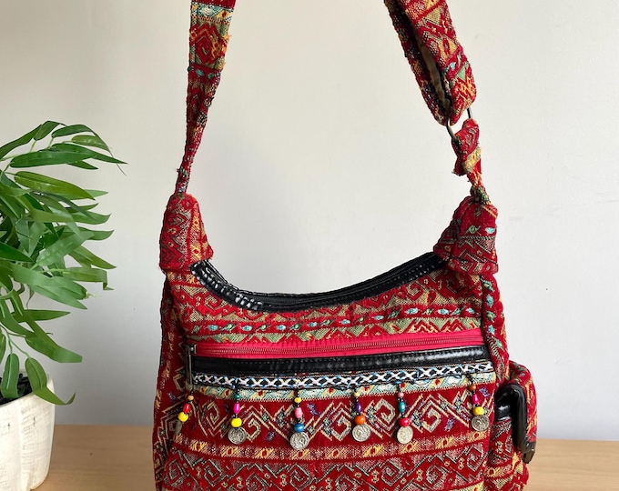 Handmade Red Ethnic Crossbody Bag, Boho Tribal Shoulder Bag, Beaded Messenger Bag, Multi-Pocket Hippie Bag, Christmas Gift for Her