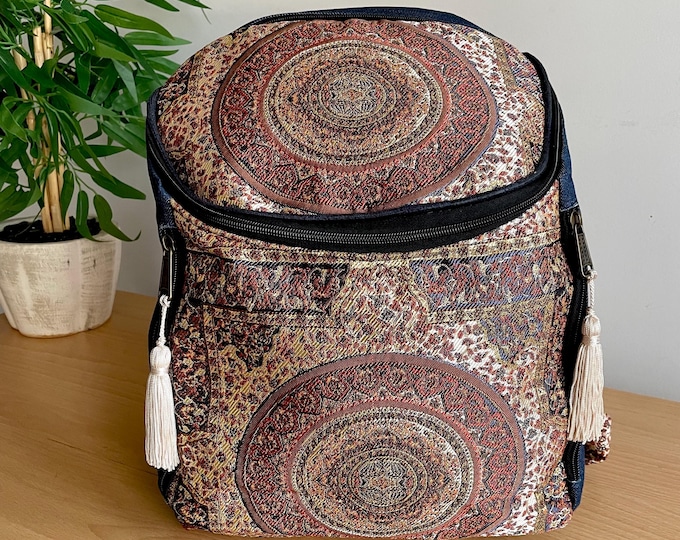 Mandala Patterned Laptop Backpack – Handmade Boho Jacquard Rucksack with Laptop Compartment, Travel School Work Bag, Personalized Gift