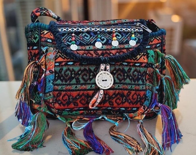 Yarn Tassel Wood Beaded Side Bag For Women, Dark Color Daily Use Messenger Bag, Bohem Style Gypsy Soul Bag, Birthday Gift For Sister, Friend