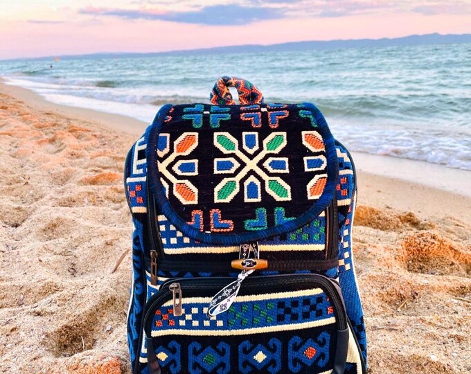 Navy Color Kilim Strong and Stylish Laptop Bag, Tote Carpet Rucksack Weekend Hiking, Large Compartement Authentic Sport Bag, Gift For Sister
