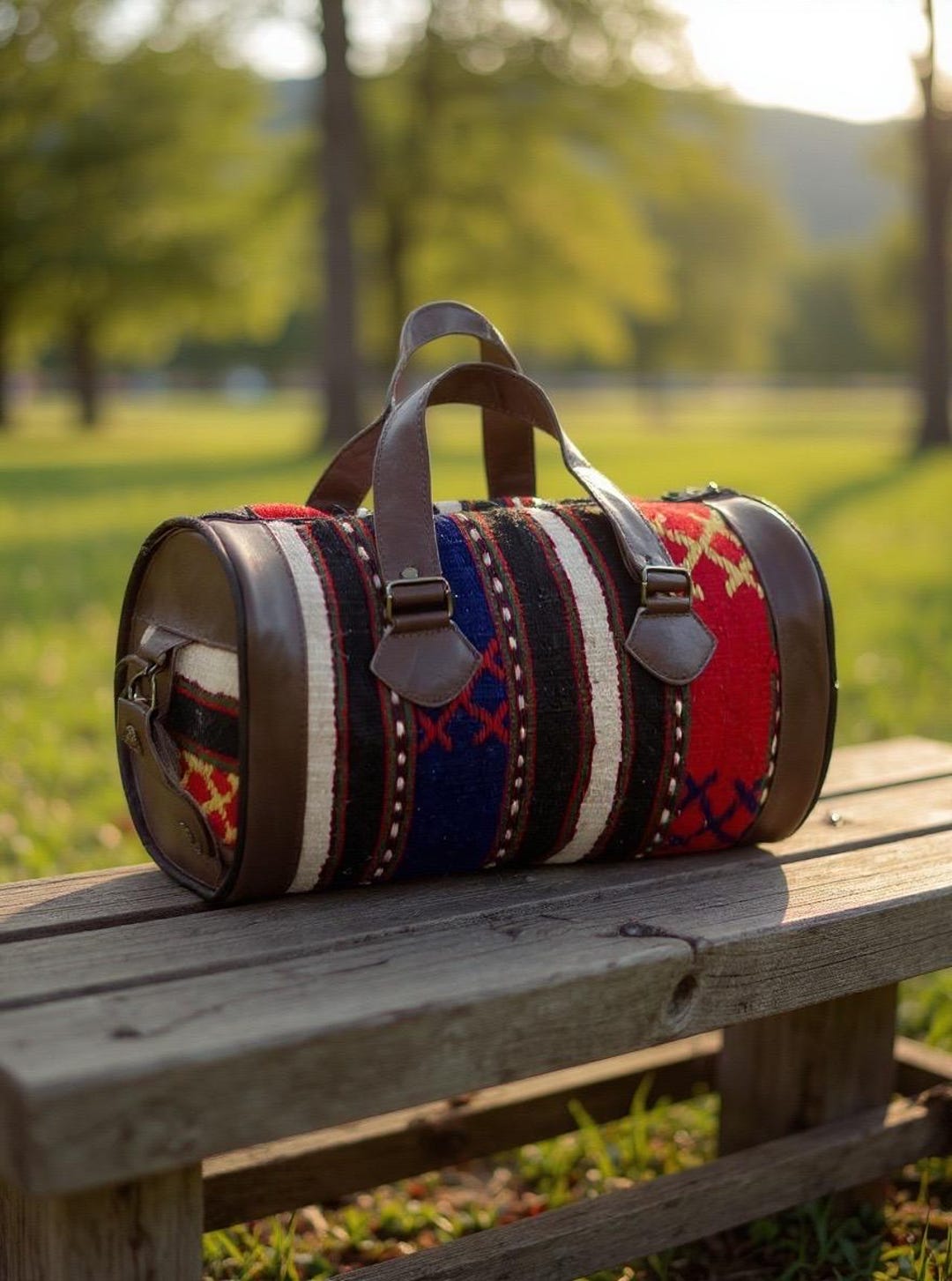 Western Rug Purses Handwoven Rug Duffel Bag: Leather Trim, Boho Gym Weekender - Etsy