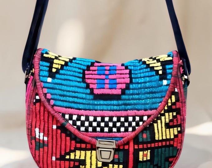 Handwoven Kilim Crossbody Bag: African Pattern Suede Strap Wool Purse
