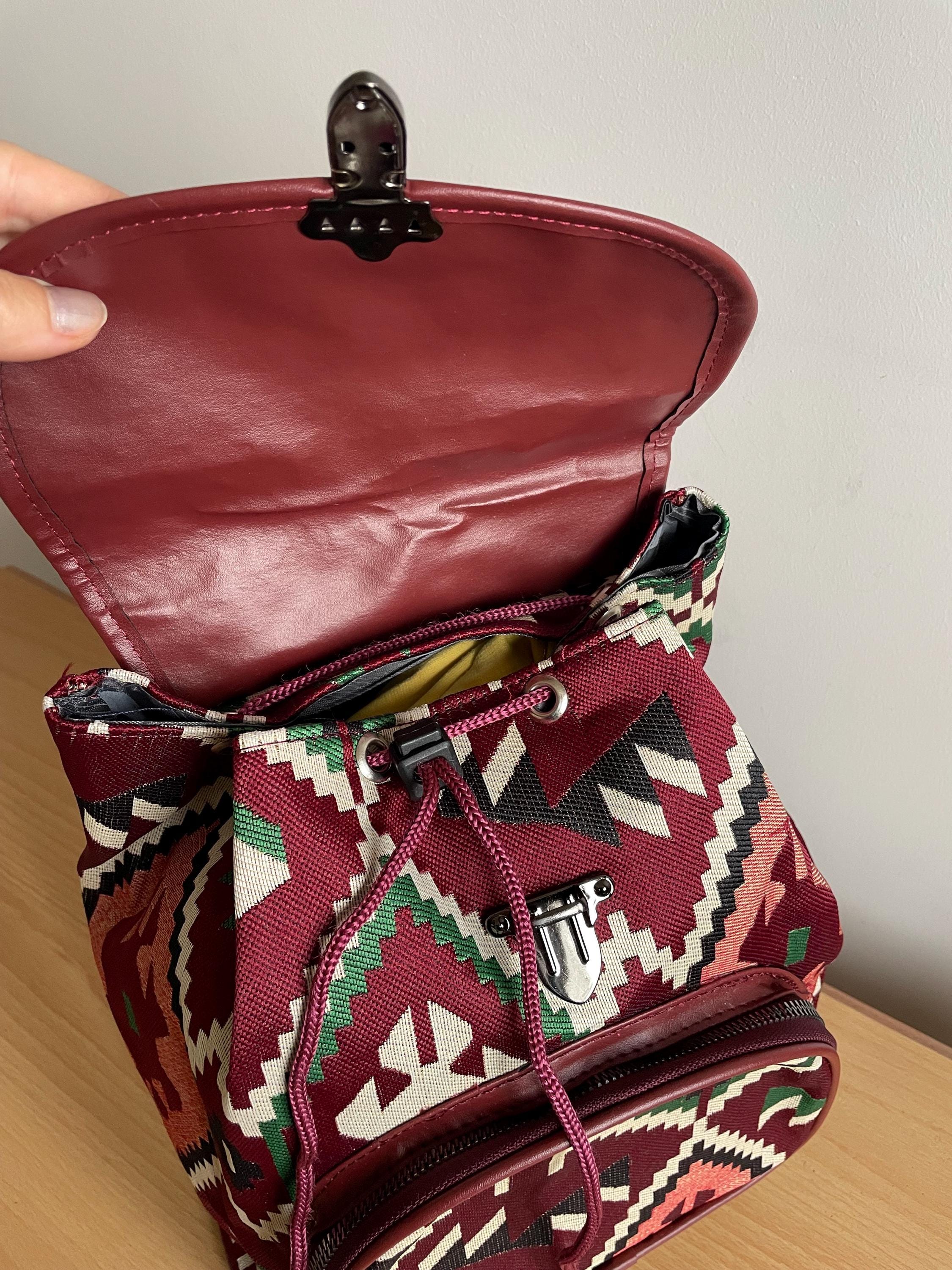 WOVEN RUCKSACK IN BURGUNDY! Perfect  Christmas or Birthday present. Burgundy Fabric Backpack: Ethnic Tribal Pattern Rucksack  main image 2