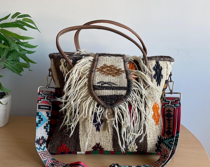 Yarn Tassel Pastel Wool Tote, Colorful Guitar Strap Shoulder Rug Bag, Tribal Pattern Natural Large Purse, Personalized Gift Valentine's Day