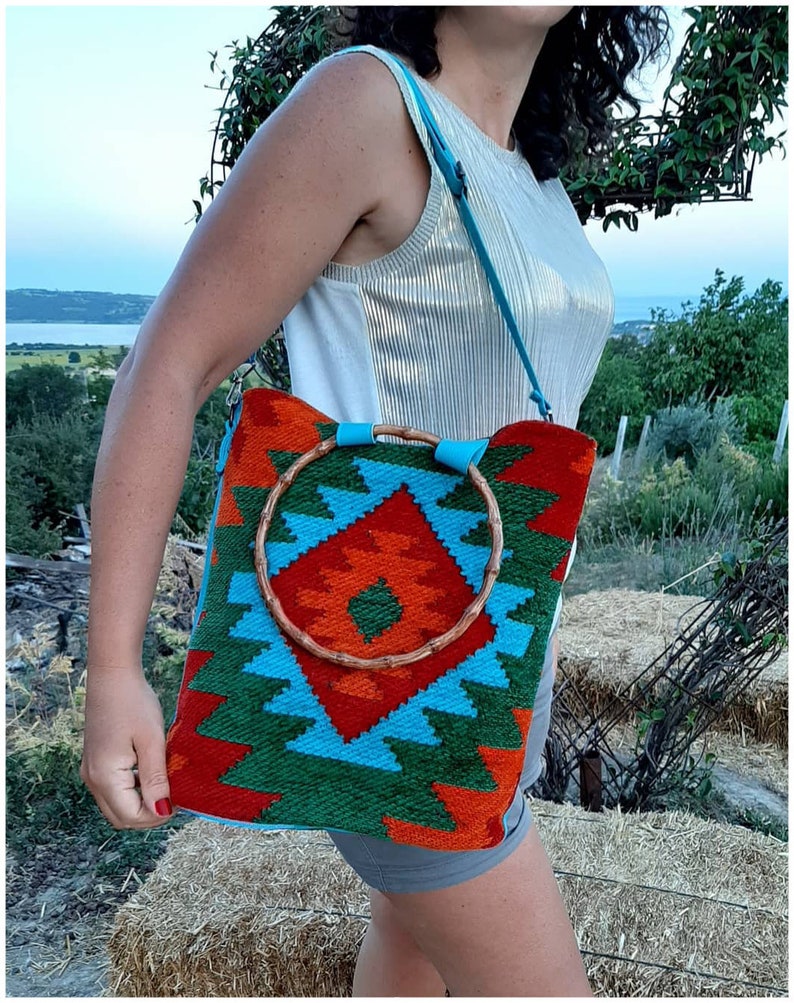 Shoulder or Tote Bag Kilim Style Bag Crossbody Bamboo Shape Handle Ethnic Pattern Kilim Style Adjustable Strap