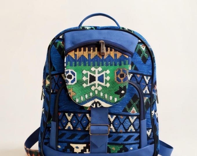 Navy Kilim Backpack: Robust Laptop Bag, Personalized Travel Rucksack