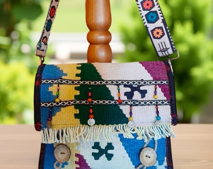 Wool Kilim Rectangle Crossbody Bag, Guitar Strap Casual Shoulder Bag, Bohem Style Leather Detailed Unique Purse, Personalized Birthday Gift