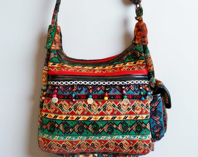 Multi Color Beaded Ethnic Pattern Pocket Messenger Bag, Casual Side Bag Fall Accesory, Personalize Birthday Gift, Boho Women, Mother's Day