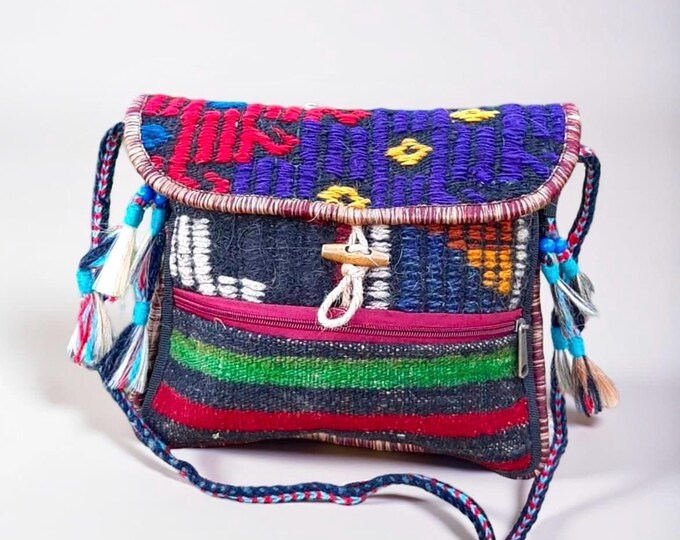 Artisan Crafted Natural Dyed Rug Bag, Unique Bohem Design Sling Bag, Tassel Saddlebag, Personalized Gift For Boho Lover Women, Mother's Day