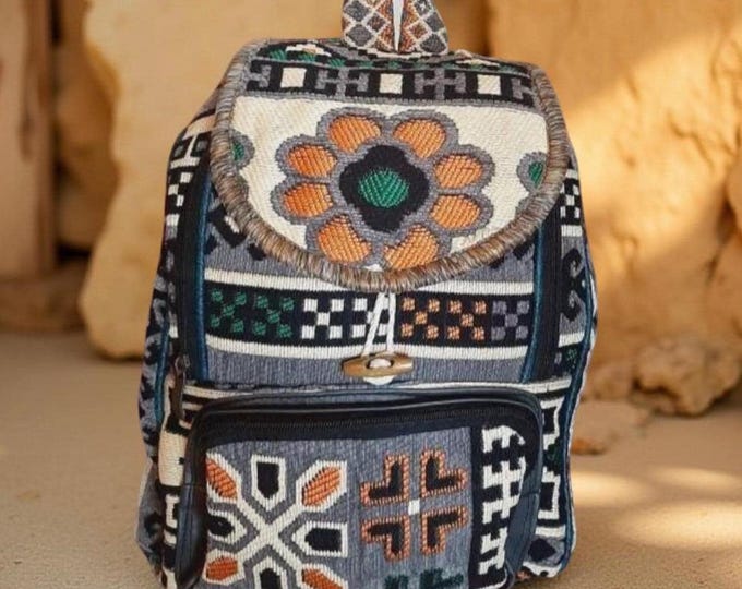 Soft Grey Kilim Backpack – Handmade Woven Laptop Bag with Anatolian Motifs | Unique Boho Gift for Her, Birthday, Christmas, Valentine’s