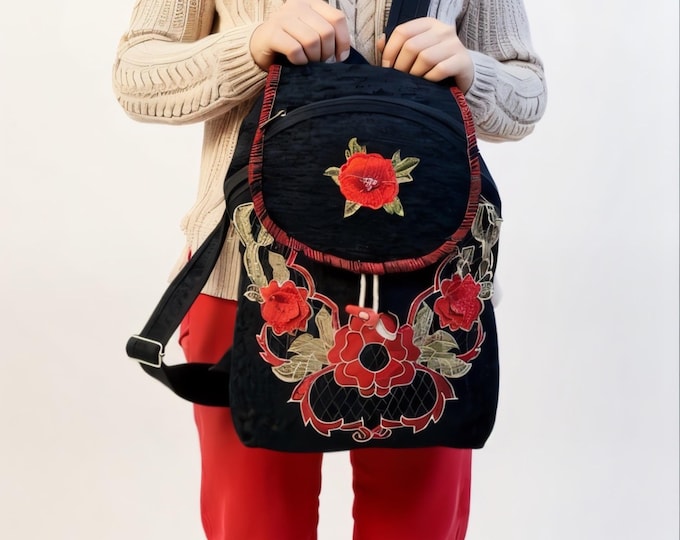 Handwoven Black Strong Backpack, Weekend Red Black Hiker Bag, Hiking Bag, Boho Style, Best Gift for Women, Christmas Gift Her, Traveller Bag