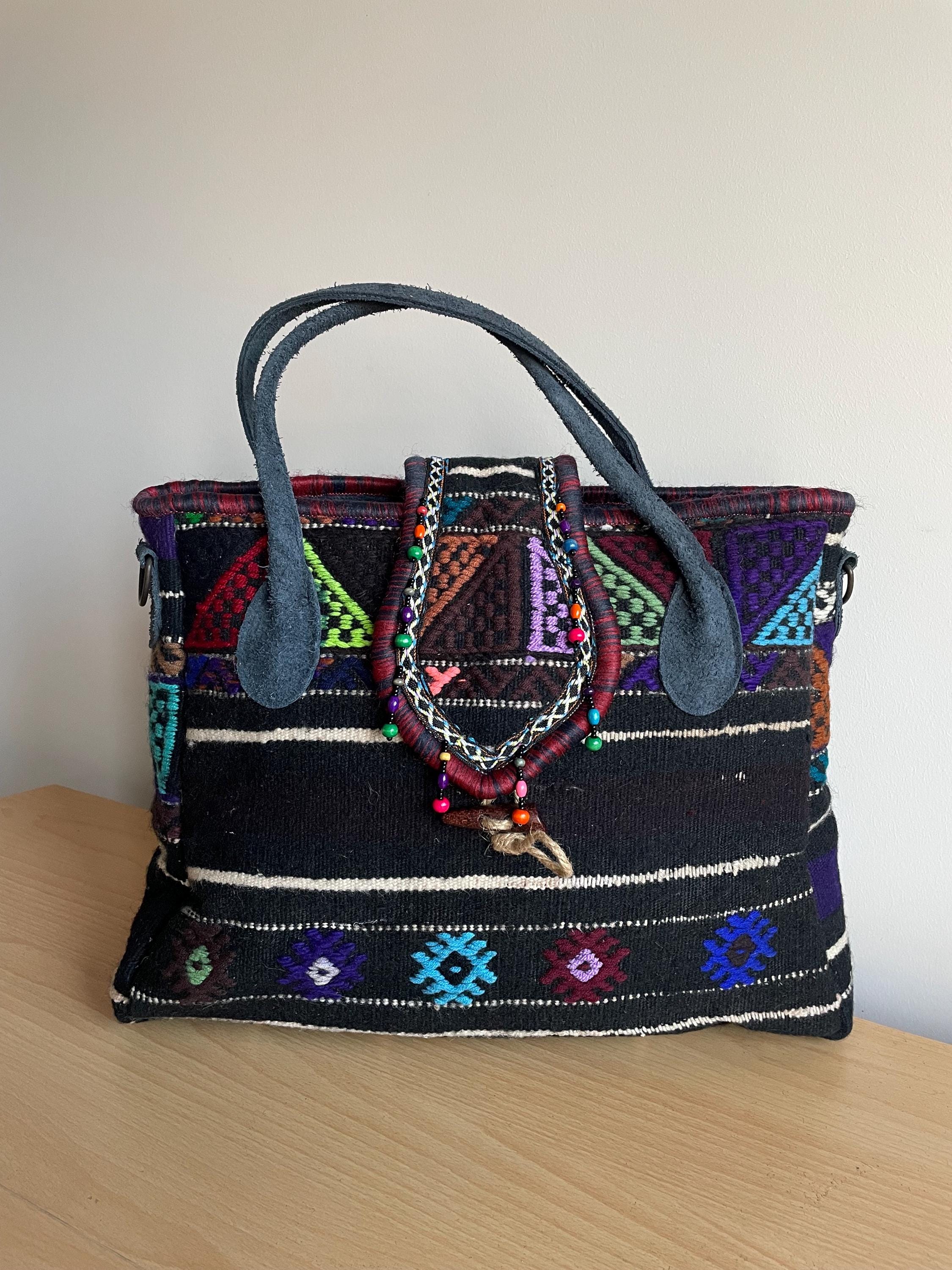 *SALE* Handcrafted Navajo Wool Blanket Tote Handmade Navajo Wool Tote Bag – Large Rug & Leather Shoulder  main image 2