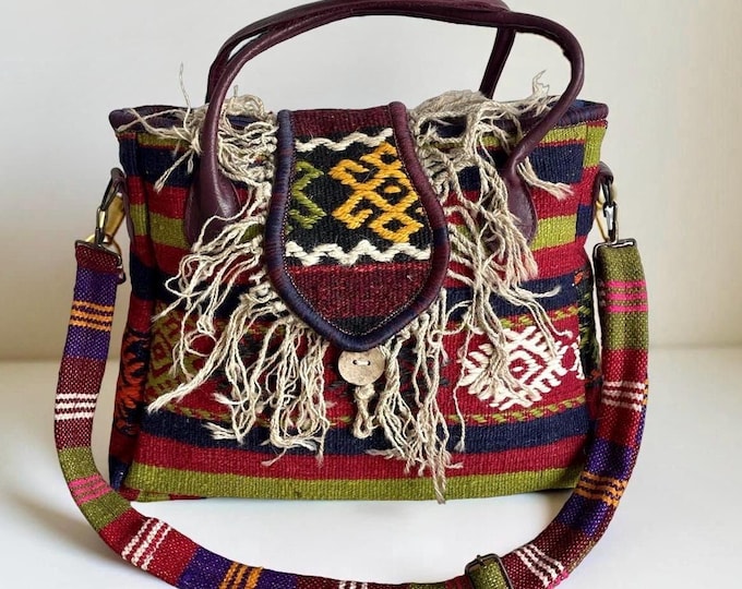 Fringe Rug Tote Bag: Handmade Boho Tassel Handbag, Leather Details, Handmade boho tote, Personalized Christmas Gift For Her, Unique Birthday