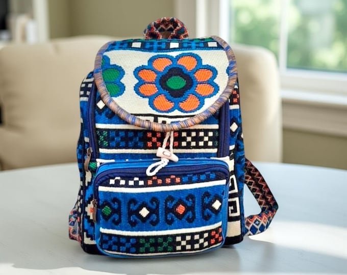 Handwoven Boho Backpack, Ethnic Embroidered Tribal Rucksack,Colorful Geometric Pattern, Unique Travel Bag, Festival Backpack,Bohemian Hippie