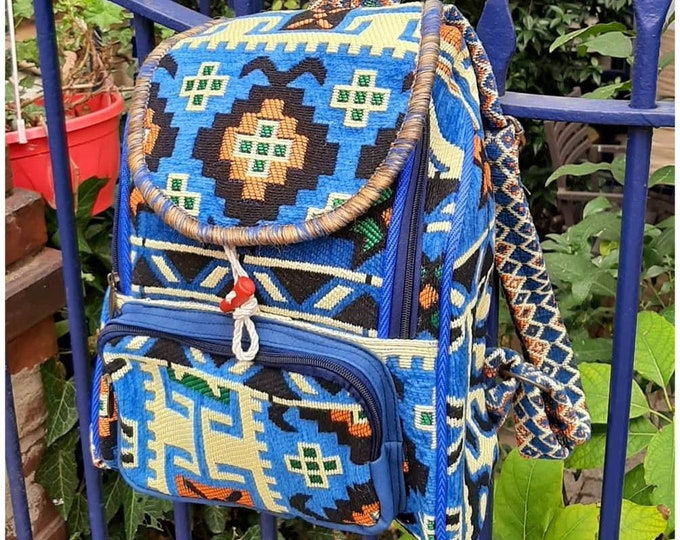 Blue Tapestry Rug Backpack, Large Compartment Zipper Bag, Weekender Hiking Bag, Valentine Gift, Birthday Gift Sister, Christmas Gift Her