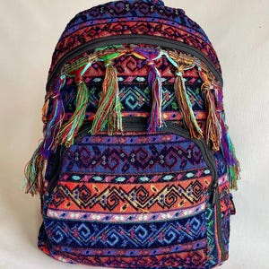 Handmade Velvet Backpack with Boho Kilim Pattern & Fringe – Purple Bag with Adjustable Straps – Unique Gift for Women
