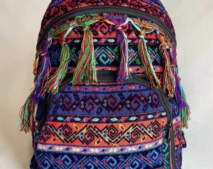 Handmade Velvet Backpack with Boho Kilim Pattern & Fringe – Purple Bag with Adjustable Straps – Unique Gift for Women