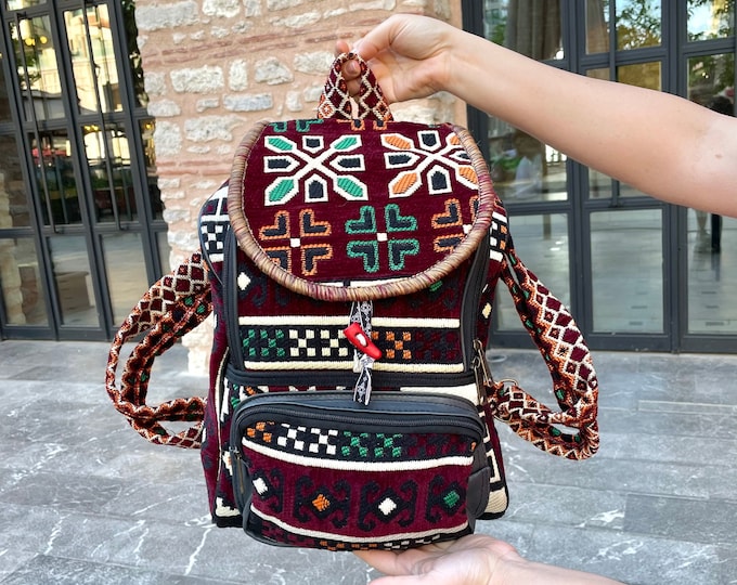 Burgundy Kilim Tribal Backpack, Strong and Stylish Casual Bag, Zipper Book Bag, Adjustable Strap Daily Use Rucksack, Personalized Gift Her