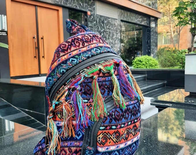 Purple Color Tassel Kilim Rug Fabric Large Backpack, Aesthetic Sport Casual Laptop Backpack, Personalized Gift Sister, Daughter, Best Friend