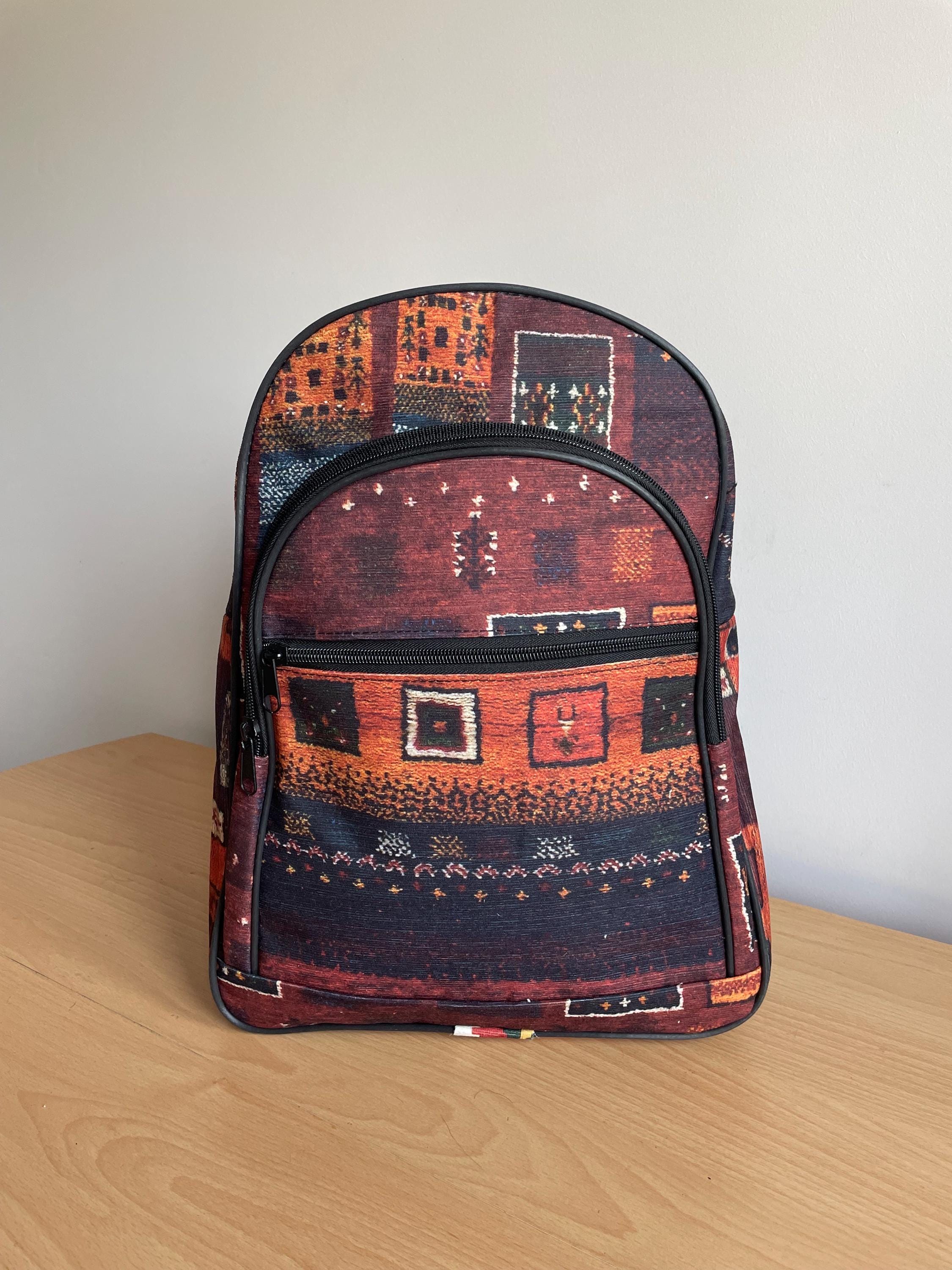NWT Kilim Design Woven Plaid Backpack - Red & Green Handmade Vintage Kilim Backpack: Naturally Dyed Rug With a  main image 3