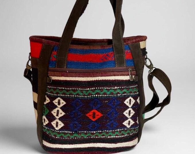 Handmade Anatolian Rug Tote Bag – Wool & Leather Boho Shoulder Bag – Unique Concealed Carry Bag – Adjustable Strap – Personalized Gift Her