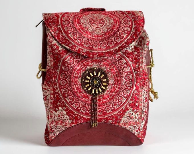 Mandala Pattern Red Jacquard Fabric Shiny Backpack, Unique Style Dangling Badge Tote, Bohem Gypsy Gift For Sister, Personalized Backpack Her