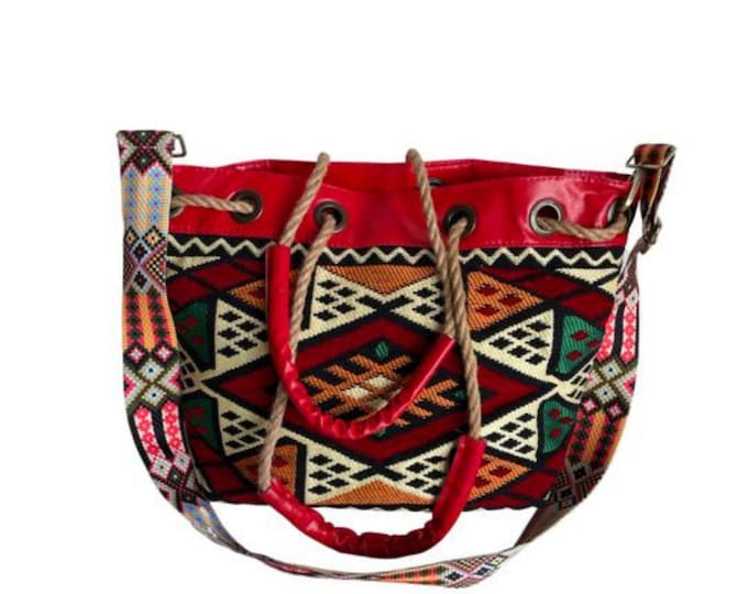 Red Kilim Drawstring Shoulder Bag: Faux Leather Tote with Hemp Strap