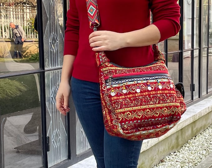 Handmade Red Messenger Bag with Guitar Strap – Boho Ethnic Crossbody Purse – Christmas Personalized Gift, Best Gift Idea for Her