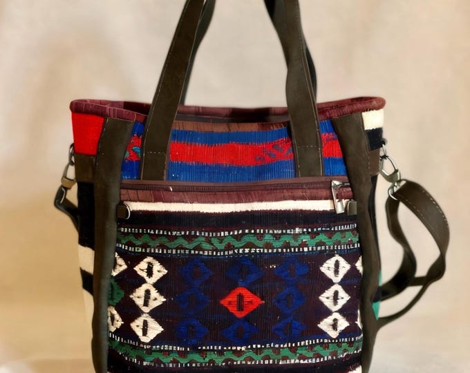 Handmade Anatolian Rug Tote Bag – Unique Boho Shoulder Handbag with Leather Straps, Multi-Compartment Purse, Gift for Her