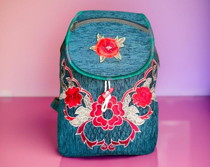 Petrol Green Poppy Pattern Large Backpack, Weekender Traveller Bag, Casual Laptop Bag, Unique Gift For Her, Local Shop One-Of-A-Kind Gift