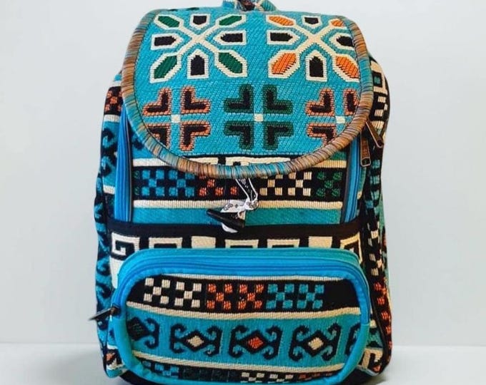 Ice Turquoise Ethnic Kilim Pattern Rug Strong And Stylish Backpack, Hiking Traveller Weekender Carpet Rucksack, Personalized Birthday Gift