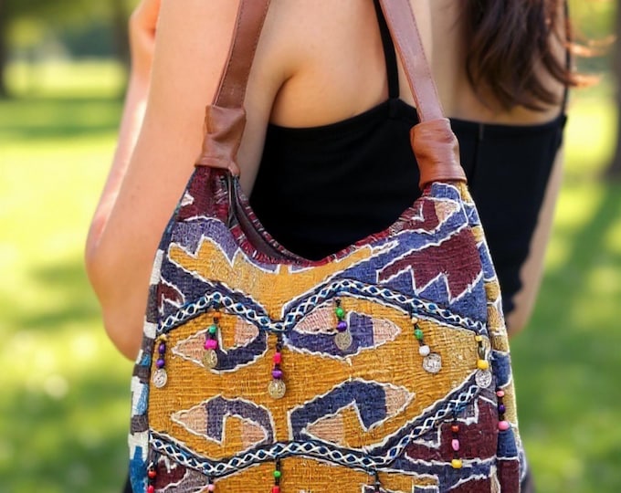 Bohemian Beaded Shoulder Bag: Vintage Rug & Leather, Upcycled Boho Bag