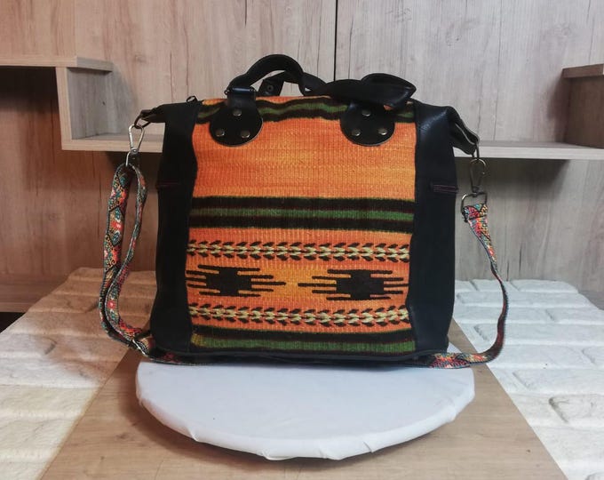 Navajo Handwoven Kilim Bag – Black Wool Rug Purse with Leather Accents – Boho Crossbody or Shoulder Bag with Adjustable Guitar Strap