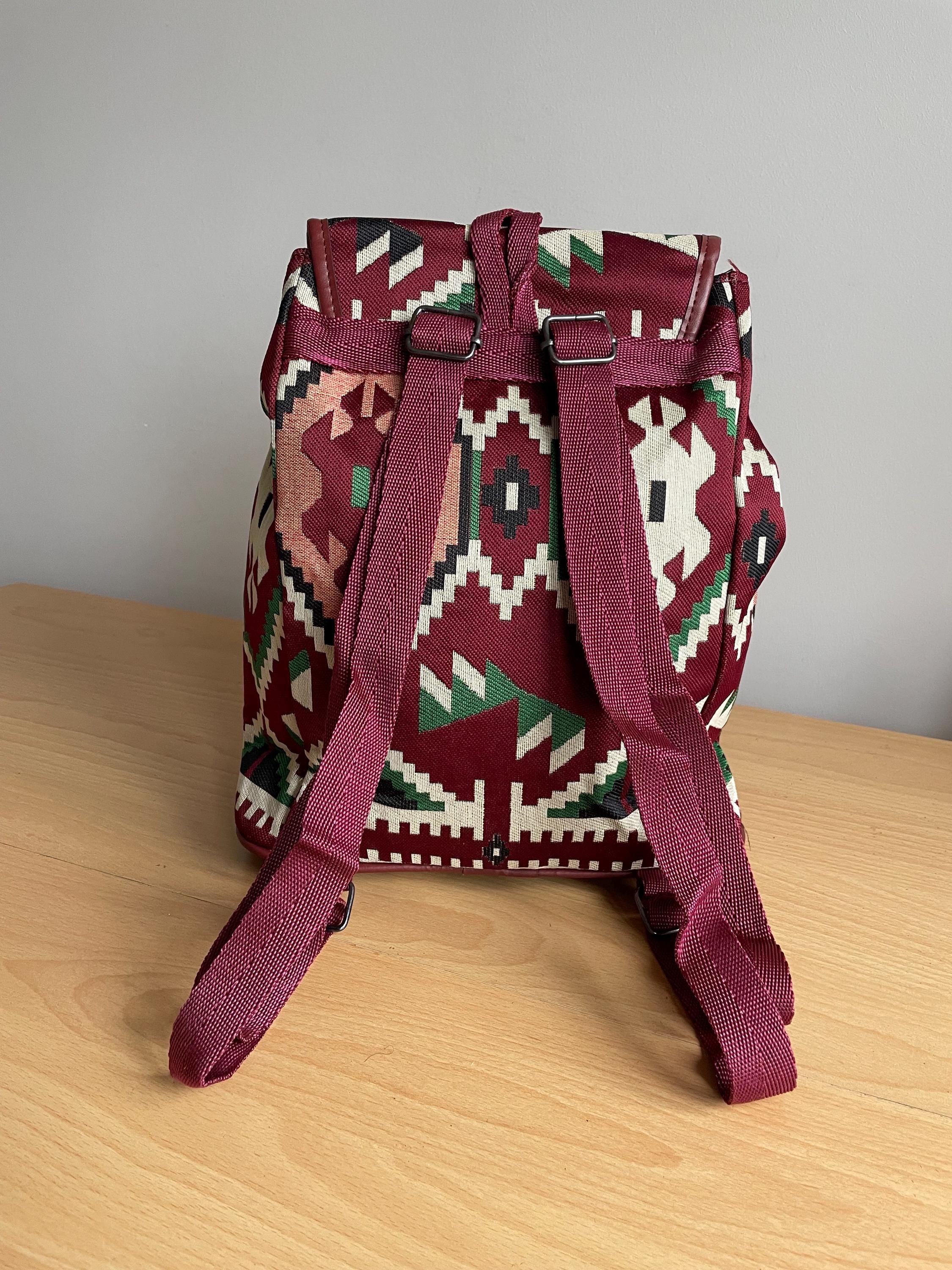 WOVEN RUCKSACK IN BURGUNDY! Perfect  Christmas or Birthday present. Burgundy Fabric Backpack: Ethnic Tribal Pattern Rucksack  main image 3