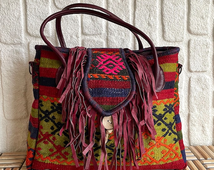 Western Rug Tote Bag: Leather Fringe, Wool Shoulder Purse
