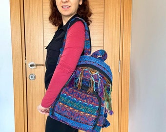 Handmade Kilim Backpack – Minimalist Boho Blue Laptop Bag, Weekender Hiking Rucksack, Best Gift for Women, Velvet Touch Backpack, Christmas